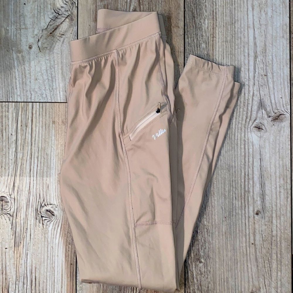 WILL IT NYLON LEGGINGS CAMEL COLORED W DIP POCKETS & suede knees size XL